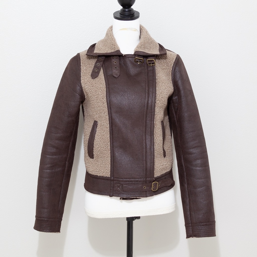 Forever 21 Women's Brown Faux Suede & Sherpa Moto Buckle Jacket Size Medium
